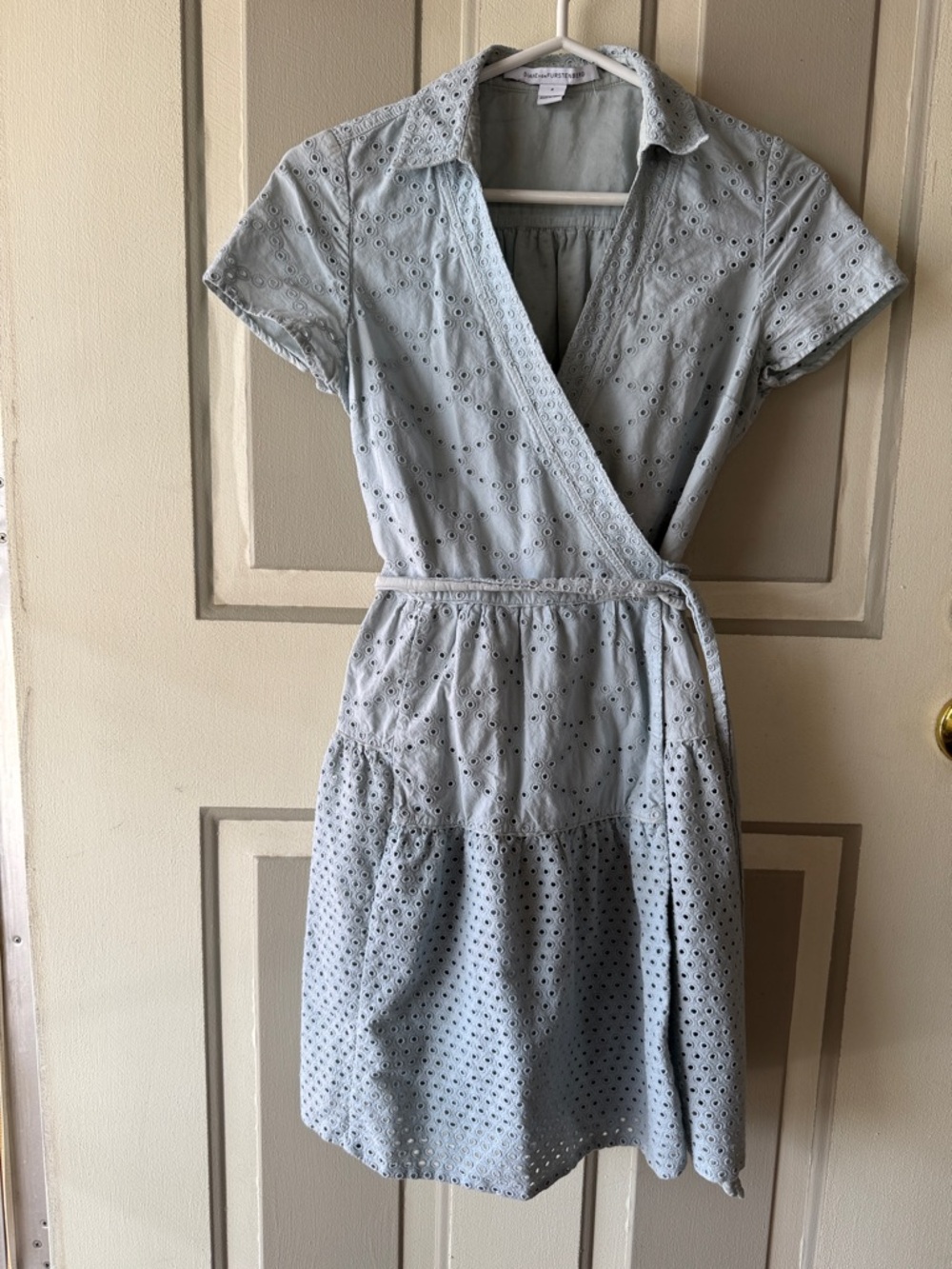 Diane von Furstenberg Women’s Size 4 Kaley Two Pale Blue Eyelet Wrap Mini Dress